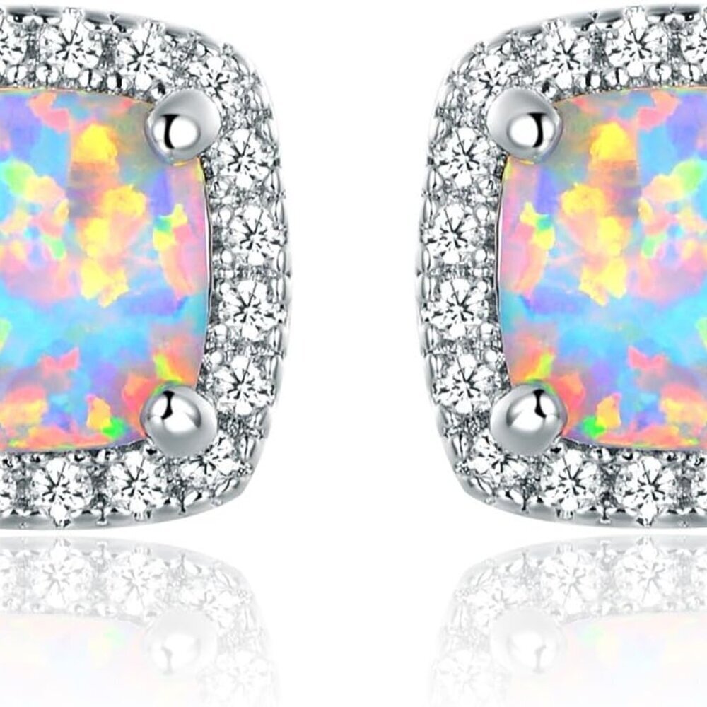 White Gold Plated Created Opal Stud Earrings For Women Elegant & Lightweight